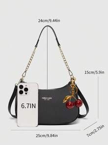 新款时尚经典百搭字母图案装饰设计纯色PU防水面料单肩包月牙包腋下包适合逛街，可斜挎。带樱桃吊坠装饰，夏日新月包，海边度假，开学季，女士钱包。 - 黑色 - 查看 2