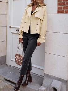 Womens Oversized Cropped Trench Coat Double Breasted Lapel Long Sleeve Short Jacket Outwear - Apricot - View 4