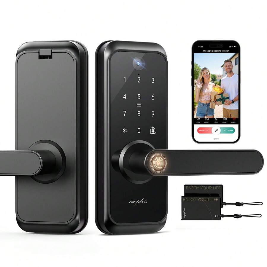 Arpha Keyless Smart Door Lock, Fingerprint Keypad Deadbolt With Handle FOB Card, APP Control Auto Lock, IP54 Waterproof, Easy Installation, Biometric Entry Bedroom Door Lock - Black - View 1
