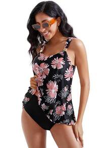 High Waisted Ruffle Tankini Swimsuit Plus Size Tummy Control - Pink Floral - View 4