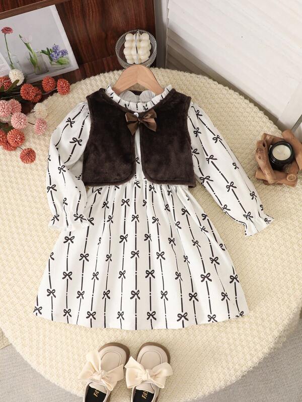 2pcs/Set Girls Bowknot Soft & Comfortable Woven Fabric Long Sleeve Dress & Vest, Suitable For Outdoor Wear, Autumn/Winter