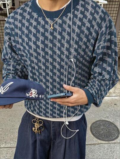 Herr Casual Retro Jacquard Rundringad Lätt Stickad Tröja, Europeisk/Amerikansk/Asiatisk Stil, Höst/Vinter