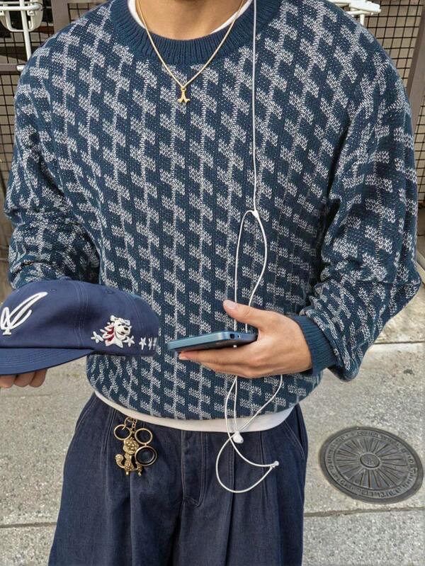 Men's Casual Retro Jacquard Crew Neck Long Sleeve Knit Sweater, Autumn/Winter, European/American/Asian Style
