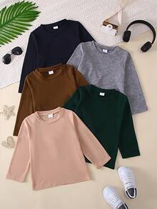 Conjunto de 5 camisetas casuais de manga comprida para meninos, cor sólida, macias e confortáveis, para atividades ao ar livre, outono/inverno - Multicolorido - Ver 1