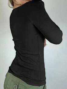 阳光女孩风格春季情人节女士返校蕾丝拼接半开领纽扣设计休闲修身长袖黑色针织T恤 - 黑色 - 查看 10