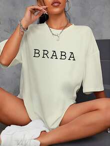 Women's T-Shirt Drop Shoulder Streetwear "FRASE BRABA" TumblrT-Shirt Blogger Shirt Plus Size - 米色 - 查看 1