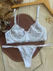 Sexy Lingerie Set Without Underwire With Luxury Lace And Exclusive Gold Heart Adjustment - trắng - Xem 2