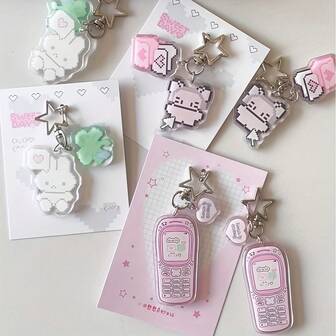 Cute Cartoon Pixel Mobile Phone/Clover Lucky Bunny/Mail Mouse Pattern Creative Keychain Japanese Pendant Bag Pendant School Bag Hanging Buckle Decoration Bag Pendant Bag Charm Pendants Y2K