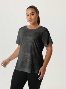 Camiseta de manga corta de verano en color negro con estampado jacquard para mujer talla grande, de estilo casual, yoga, running y deportes al aire libre - Negro - Ver 8