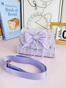 1pc Mini New Girls' Pearl Handbag, Cute Flap Magnetic Closure, Bow & Mesh Decor, Adjustable Shoulder Strap Shoulder/Crossbody/Coin Purse, Suitable For Birthday Gift, Back To School Gift, Holiday Gift, Outdoor Activities - S - View 5