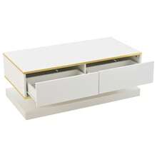 Couchtisch Beistelltisch mit Hochglanz,Wohnzimmertisch mit 2 großen Schubladen und goldenen Rändern,Sofatisch mit eingebautem Rückprallschalter,weiß
