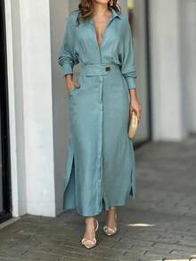 Women's Elegant Long-Sleeved Dresses - See-Through Formal And Everyday, Office Party Looks, Stylish Shirt Maxi Skirts - 藍色 - 查看 5