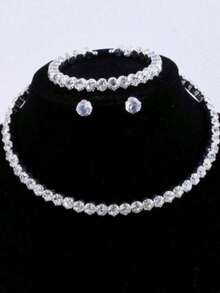 Classic Rhinestone Jewelry Set: Rhinestone Collar Necklace, Bracelet, Earrings And Choker Necklace. 3 Pieces Set. - Silver - View 4
