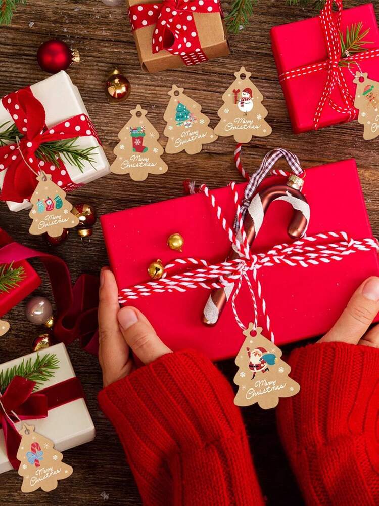 48pcs Christmas Vintage Christmas Tree Shaped Tag Patterns Gift Packaging Labels (With Hanging Cord), Santa Claus And Snowman Pattern Paper Gift Decorative Tags, Suitable For Christmas Party Gifts And Christmas - Multicolor - View 2