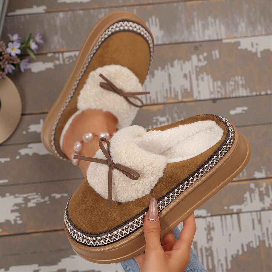 Womens Slippers Winter - Thick Flat Suede Shearling Shoes: Warm & Comfy Snow Shoes With Thick Soles, Short Boots Casual For Women - Lạc đà 1 - Xem 1