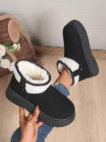 1 Pair Plus Size 36-42 Solid Color Textured Pattern Punk Boho Cute Faux Fur Lining Fluffy Fur Trim Faux Fur Patchwork Thick Sole Snow Boots, Suitable For Home, Vacation, Outdoor In Winter