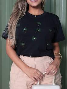 Elegant BLOUSE Women's Elegant T-Shirt Embroidered Coconut Tree T-Shirt 100% Cotton. Printed - màu đen - Xem 9