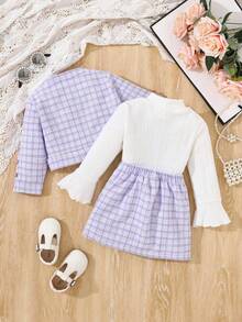 2 件套幼儿女童时尚法式连衣裙和裙子套装，适合初秋的优雅装扮