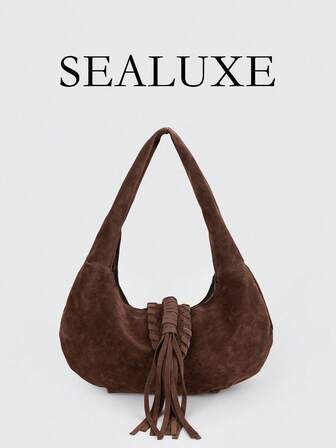 Coffee Brown Suede PU Material Rope Knot Winding Tassel Spikes Decorated With A Word Tab Strap Fashion Retro Style Crescent Moon Bag Casual Quiet Luxury Style Ladies Shoulder Bag Suitable For Daily Wear Travel Shopping And Other Uses Inside Can Put Down The Phone And So On!
