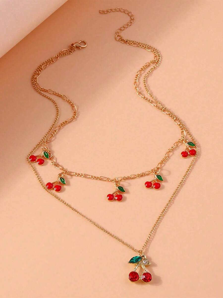 1 件可爱甜美樱桃设计金属多层锁骨链项链 - 彩色 - 查看 1