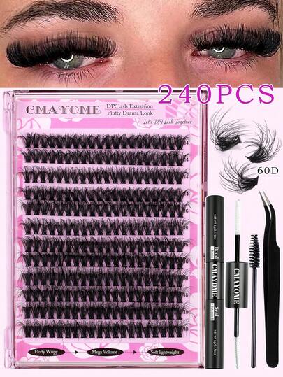 240 hebras Pestañas en racimo de volumen de lujo DIY - Extensiones de longitud mixta de 14-18 mm, pestañas postizas que alargan y dan volumen, rizado D de 0,05 mm estilo ruso, nuevas pestañas postizas de estilo de ojos de gato para Halloween/Navidad, especificaciones de 60D/80D/100D/200D, pestañas postizas de 8D - Pestañas de estilo gótico ultra densas, incluye adhesivo y sellador para pestañas, pinzas y cepillo para pestañas, pestañas postizas gruesas reutilizables, adecuadas para principiantes y maquillaje de escenario. Kit de racimos de pestañas, pestañas, pestañas postizas