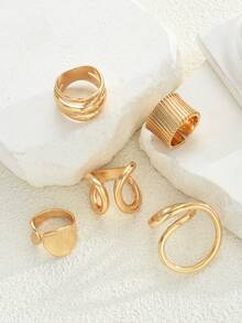 5 件宽面复古硬币不对称粗扭线女士戒指套装，适合女性度假、派对、约会、舞会、圣诞节、日常佩戴、礼物 - 金黃色 - 查看 4