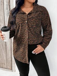 Plus Size Casual Leopard Print Long Sleeve Jacket, With Collar, Knitted Fabric, Regular Length, Front Button Closure Outerwear