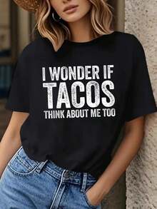 100% Algodón Unisex Me Pregunto Si Los Tacos Piensan Enmigo Camiseta Amante de la Comida, Camisetas Gráficas - Camiseta de Manga Corta Impresa - Negro - Ver 1