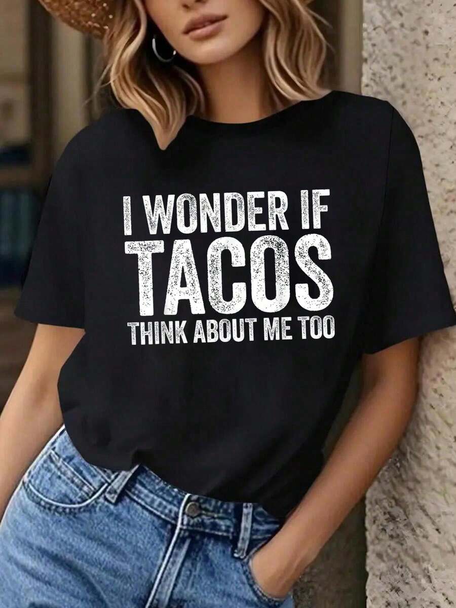 100% Algodón Unisex Me Pregunto Si Los Tacos Piensan Enmigo Camiseta Amante de la Comida, Camisetas Gráficas - Camiseta de Manga Corta Impresa - Negro - Ver 1