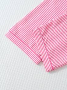 2 件女式蓝白条纹印花睡衣套装，长袖纽扣领上衣和裤子，休闲睡衣家居服，适合秋冬，秋季服装 - 粉色 - 查看 7