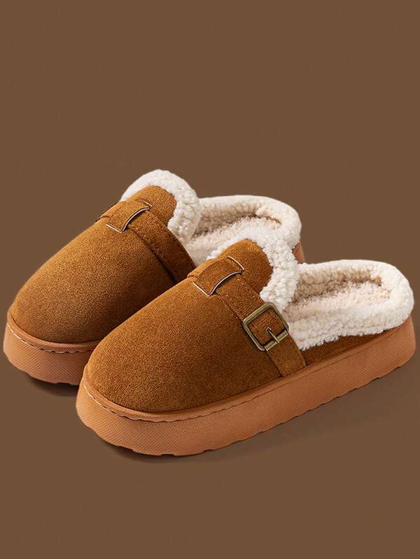 Damen Schneestiefel Hausschuhe Neue Herbst/Winter Mode vielseitige Schnallen Stiefeletten rutschfest warm geschlossene Zehe flauschige Slip-On Hausschuhe