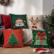 4pcs Christmas Cartoon Santa Claus, Reindeer, Snowman & Gift Box Cushion Cover Set, Single-Sided Printed Plush Fabric, 45*45/50*50/40*40CM Pillow Case Suitable For Room Decor, Modern Minimalist Sofa Living Room Decor, Gift, Party Decoration