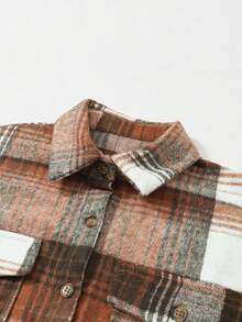 Acelitt Women's Brown Plaid Turndown Collar Pocket Casual Shacket, Autumn/Winter - Multicolor - View 5