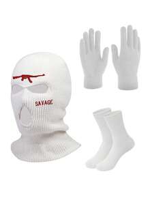1pc Unisex Balaclava Ski Mask, Suitable For Daily Use, Outdoor Sports, Hiking, Cycling - White (hat + Socks + Gloves) - View 4