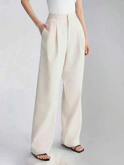 Women's High Waist Side Pocket Wide Leg Suit Pants, Spring/Autumn