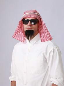 Set di 3 accessori per outfit da uomo in stile anni '80 mediorientale: sciarpa rossa, fascia per capelli in corda, maschera per gli occhi nera e baffi laser neri, adatto per Ognissanti, feste in costume, ruoli, uso quotidiano, festival, cosplay