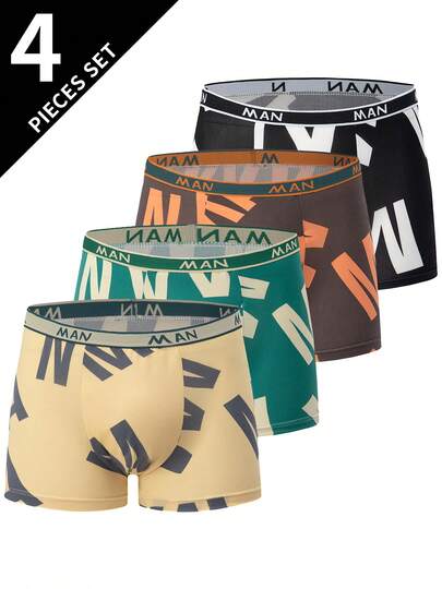 4 pièces/Paquet Boxers imprimés pour hommes, shorts de sport confortables