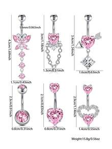 6pcs Sexy Luxury Butterfly, Heart, Star Zirconia Navel Rings Set, Intimate Piercing Jewelry For Party - 6 Items - View 3
