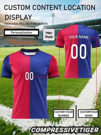 1 pieza Camiseta de fútbol personalizada - Conjunto de camiseta de manga corta con nombre y número personalizados. Ropa deportiva de secado rápido y transpirable, una opción de regalo ideal. Elegante, hipster, casual, minimalista, único; adecuado para ropa de hombre, armario cápsula, estilo básico/urbano de hombre. El regalo perfecto para él, novio, familia y amigos - Adecuado para cumpleaños, vacaciones/festivales, escuela/partidos, deportes/escalada y otras ocasiones.