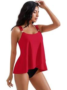 High Waisted Ruffle Tankini Swimsuit Plus Size Tummy Control - Red - View 6
