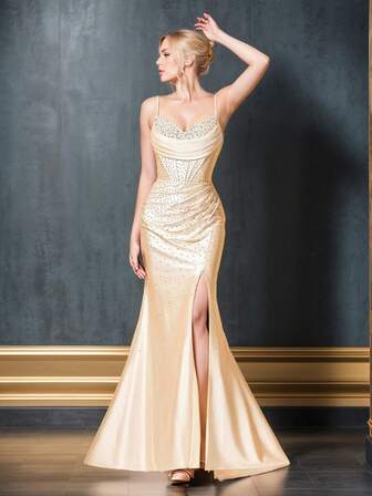 Blingbling    Modest  Glamorous    Satin    Split Thigh  Zipper  Draped    Formal & Evening    Homecoming Evening Dress