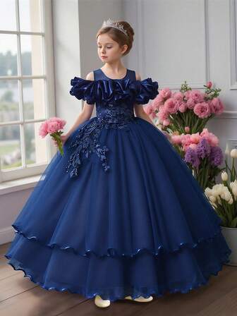 少女亮片仿珍珠贴花薄纱蓬蓬裙公主裙，适合生日庆祝、舞会等场合，仿珍珠装饰，不含头饰