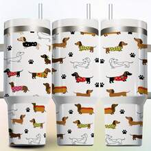 1 Pc 40oz Stainless Steel Straw  Cup With Handle, Cartoon Dachshund Colorful Clothing With Paw Print Pattern, Double-Layer Insulated  Cup, 12 Hours Of Heat Preservation/24 Hours Of Cold Preservation, Fun Kitchen Drinking Utensils, Perfect For Birthday Or Holiday Gifts For Dog Lovers And Friends. - 白色 - 查看 8