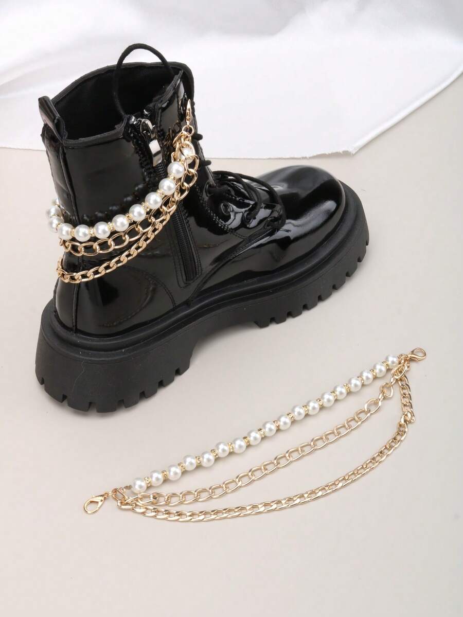 2pcs Detachable DIY Boot Decorations, Fashionable Rock Style 3-Layer Large Faux Pearl Chain Decor, Cool Accessories Chain For DIY Decoration, Party Outfit, Unisex Boots Accessories - Gold - View 1