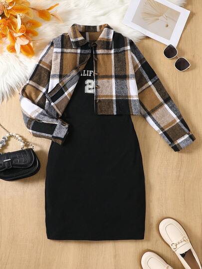 2pcs/Set Teenage Girls Plaid Short Shirt Jacket & Letter Print Camisole Dress Outfit
