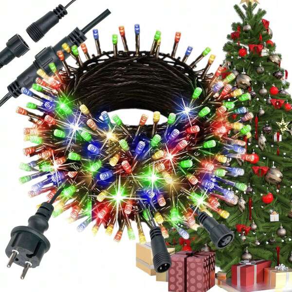 Lampki choinkowe, gruby kabel, 410 diod LED, światło stałe + biały efekt migania, długość 34 metry, IP44 + złącze, dekoracja zewnętrzna, lampki choinkowe do wewnątrz i na zewnątrz, dostępne w 4 kolorach, girlanda z lampkami choinkowymi, wytrzymała wtyczka, wodoodporna. Lampki dekoracyjne, łącznik typu "end-to-end", dekoracja na święta, imprezy, wesela. Na opakowaniu widnieje napis "500 diod LED i długość 38 metrów", ale w rzeczywistości 410 diod LED ma długość 34 metrów.