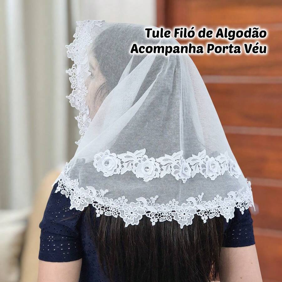 Véu Ccb Congregação Cristã Aplique Floral 3D Pedras Strass Adulto Redondo de Bico(Tiffani) - Branco - Visão 1