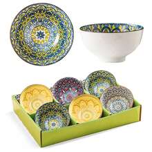 6pcs Premium Ceramic Bowl 10 Oz, Bohemian Style Housewarming Gift Ceramic Bowl Set, 10oz Capacity, Floral Pattern - Perfect Gift For Kitchen & Dining, Multi-Appliance Approved For Microwave, Oven, Freezer & Dishwasher – Vibrant Kitchen Tableware For Cereal, Soup, Salads, Desserts & Snacks - màu xanh lá cây nhạt - Xem 2