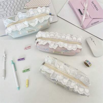 1 bolsa para lápis com estampa de gato e renda, grande capacidade, design colorido e portátil, adequada para cenários de armazenamento de papelaria, caixa de papelaria/organizador de estojo de lápis