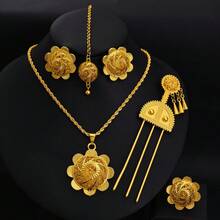 Golden Color Jewelry Set, Vintage Beautiful Jewelry For Women - Pendant Necklace, Earrings, Ring, Headchain, Hairpin, African Eritrean Bridal Wedding Luxury Accessories